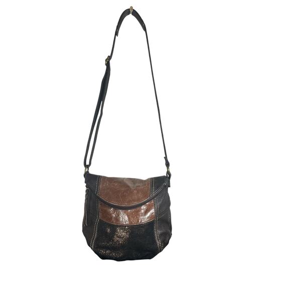 The Sak Deena Flap Fold Over Leather Brown Patchwork Crossbody Purse adjustable - Picture 2 of 9